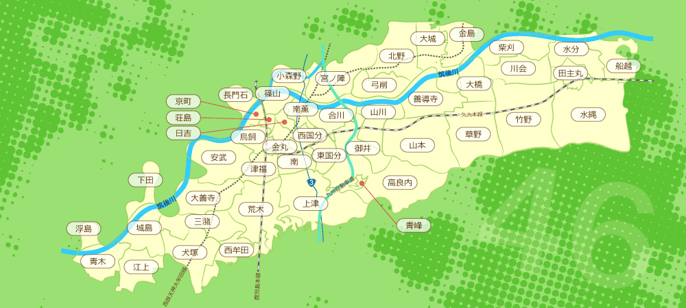 船越、水分、柴刈、川会、竹野、水縄、田主丸